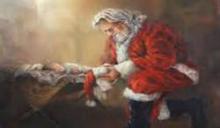 Santa kneeling at the manger